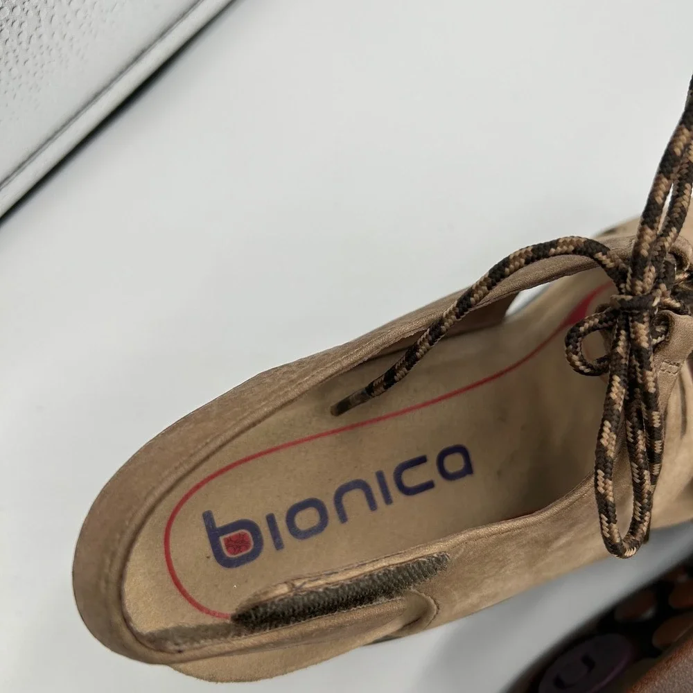 Bionica Wedge Sandals Womens 8 M Tan Leather Lace Up Cage Slingback 4552206